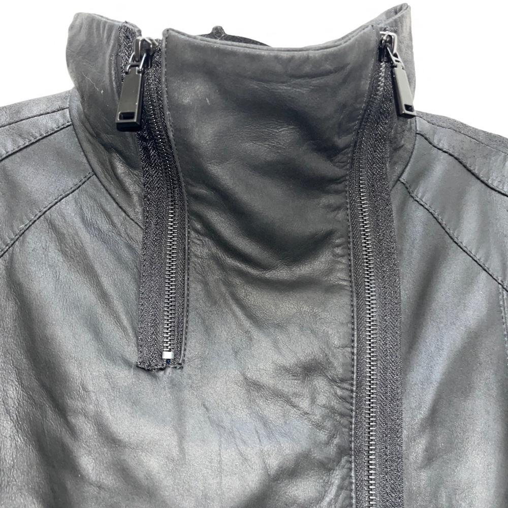 T Tahari Black Leather Angelina Z Double Zip Collar Moto Jacket Medium - Picture 14 of 16